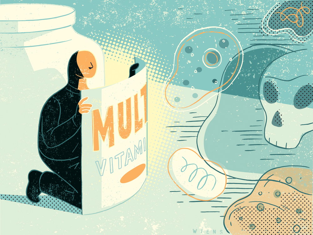 A cartoon depicting a sinister figure dressed in black on the left, crouched in front of a large bottle and holding a sign reading “multi-vitamin.” At right are sketches of a skull and amoeba-like blobs.