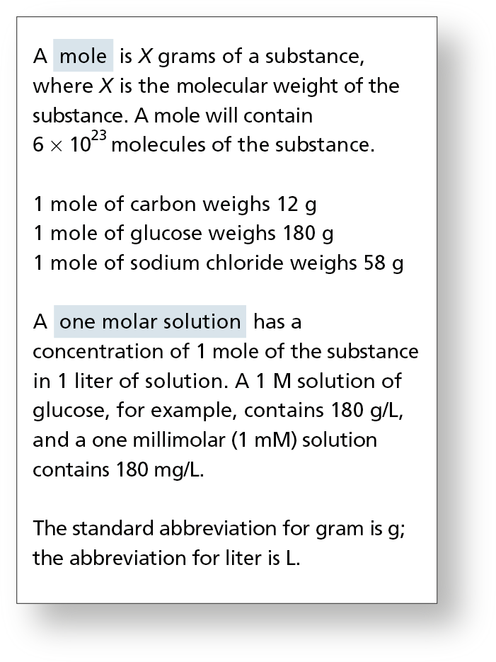 An extract has examples for moles and molar solutions.