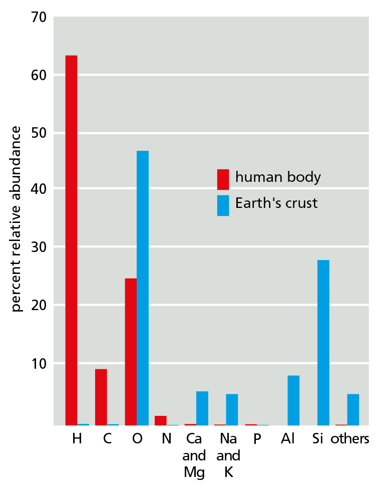 A bar graph depicts the composition of various elements in the human body and Earth's crust.