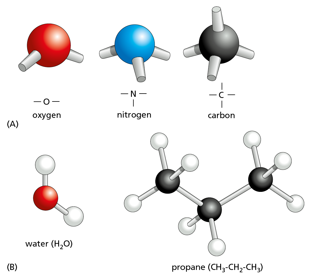 A two-part illustration (A and B) shows ball and stick models of oxygen, nitrogen, carbon, water, and propane.