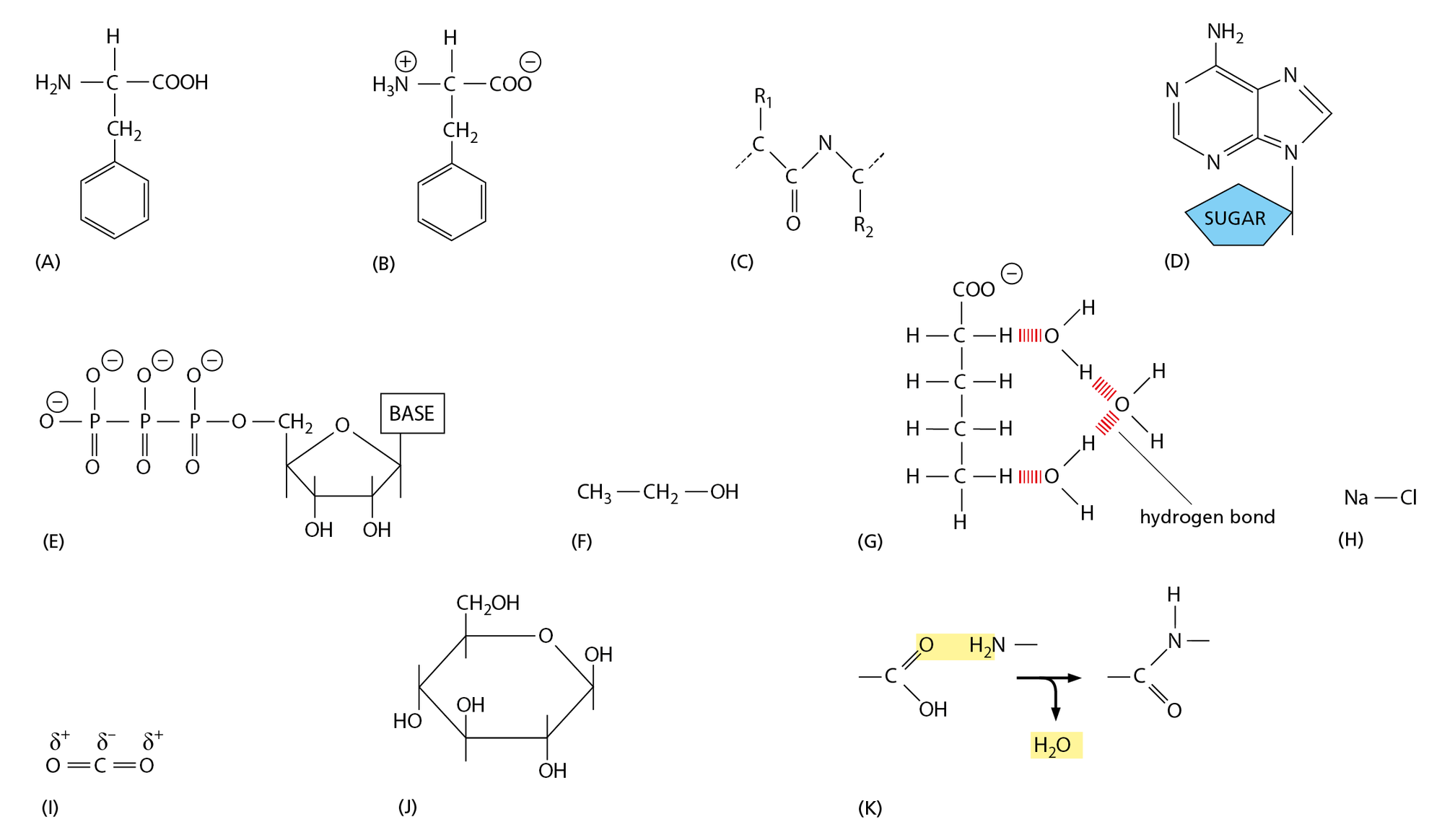 Eleven chemical structures labeled from A to K.