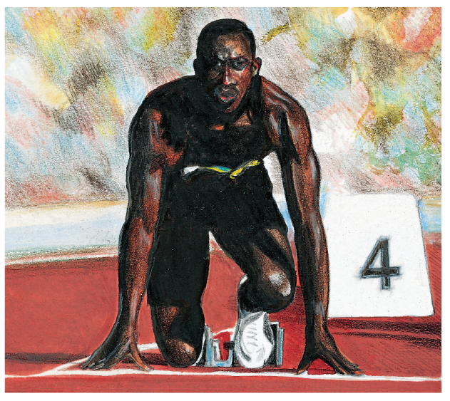 The functions and examples of motor proteins are shown with a portrait of a male athlete with a sturdy body build in a ready to run position.
