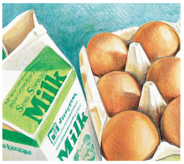The functions and examples of storage proteins are shown with a portrait of a packet of milk and six eggs.