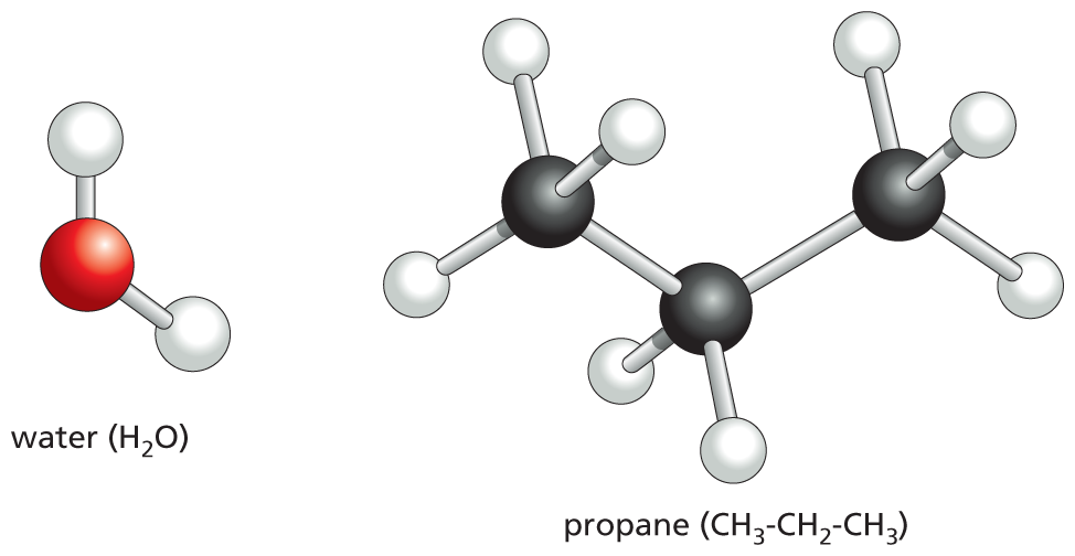 An illustration shows ball and stick models of water and propane.