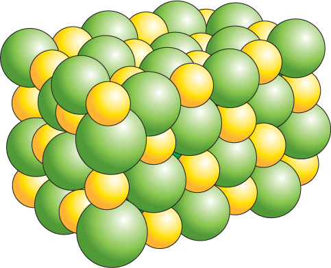 An illustration shows a space filling model of sodium chloride, an array of tightly packed ions of sodium and chloride.