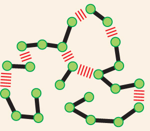 The second illustration shows individual molecules linked together by weak interactions.