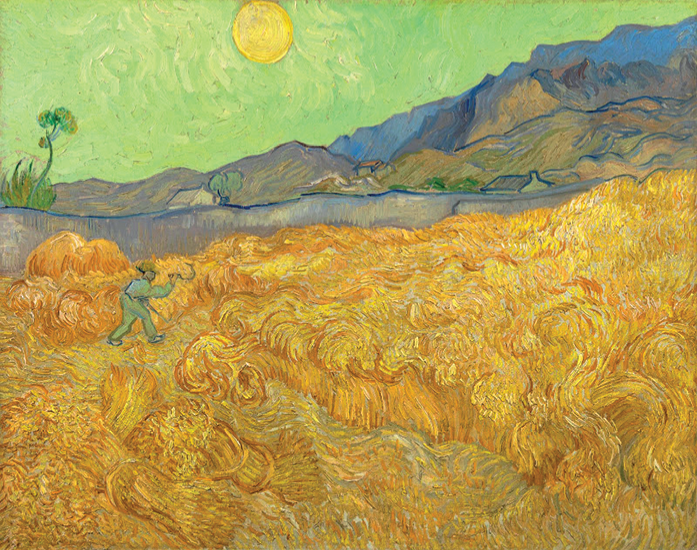 A painting shows a reaper working on a wheat field. The background has mountains and a few houses.