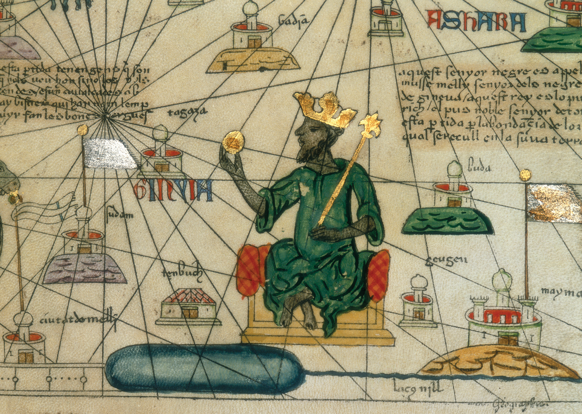 An illustration of Mansa Musa on a throne with key trade sites and trade routes.