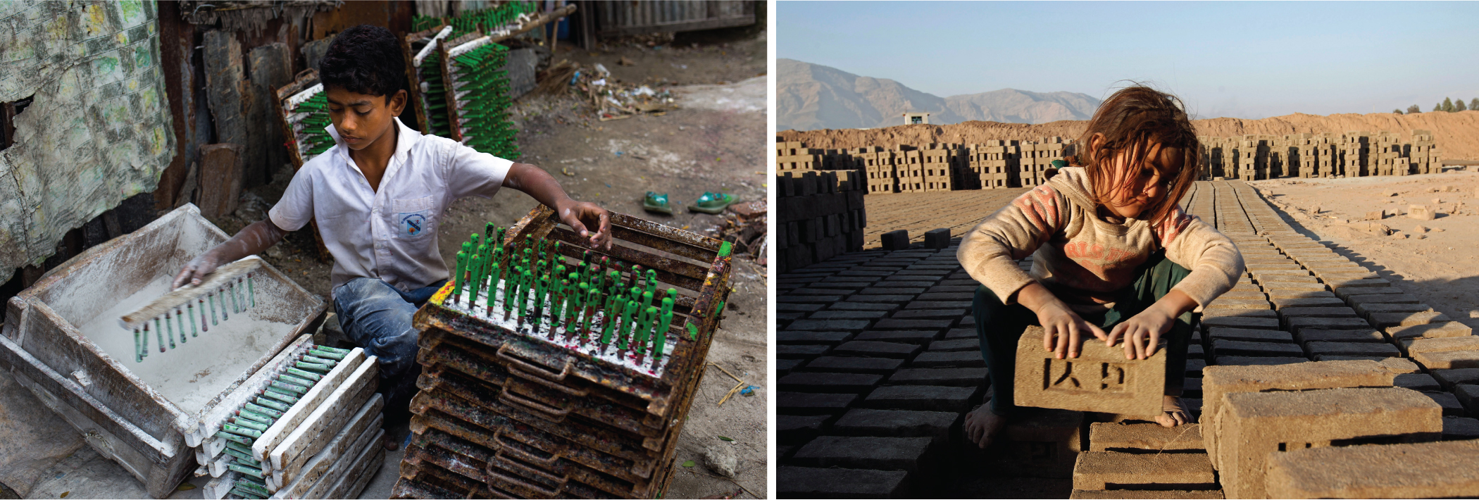 A boy sits in an alley dipping rods on racks into a container.; A young girl stacks bricks in rows.