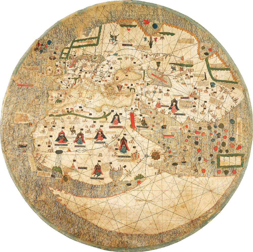 The 1375 Catalan Atlas, a circular map with many lines, shapes, and symbols representing the known world.