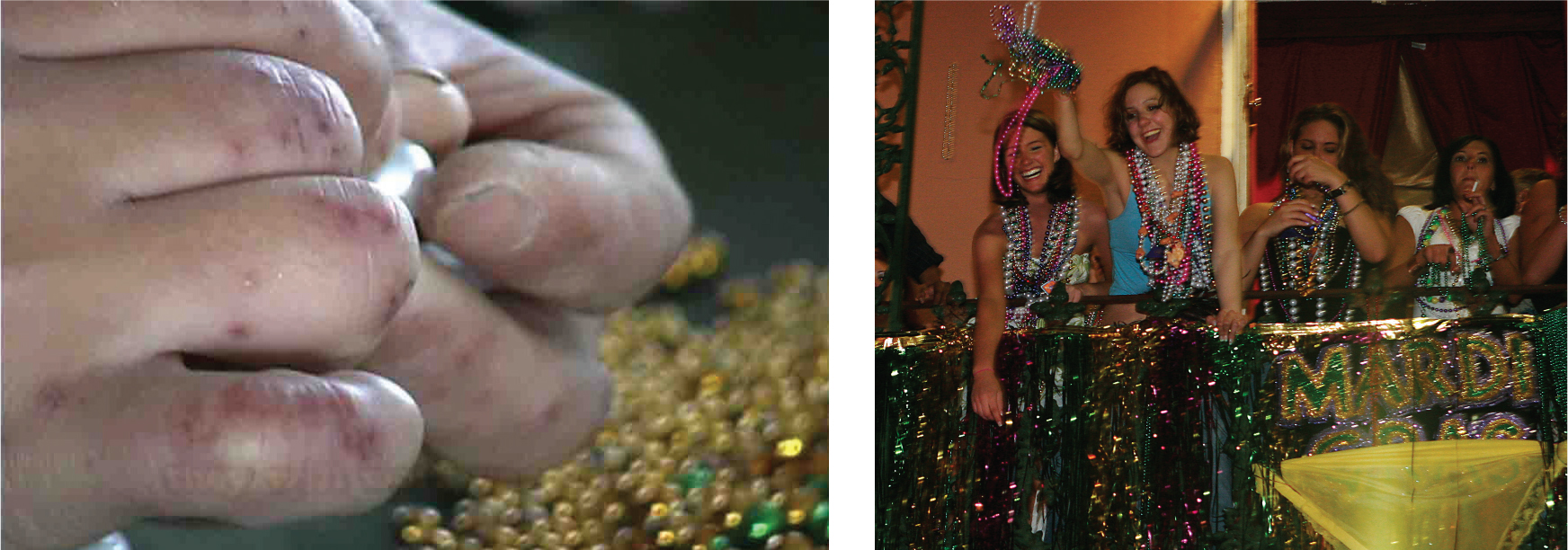 Blistered hands hold a bead. Yellow and green beans shine in the background.; Young women wearing colorful bead necklaces stand on a balcony.