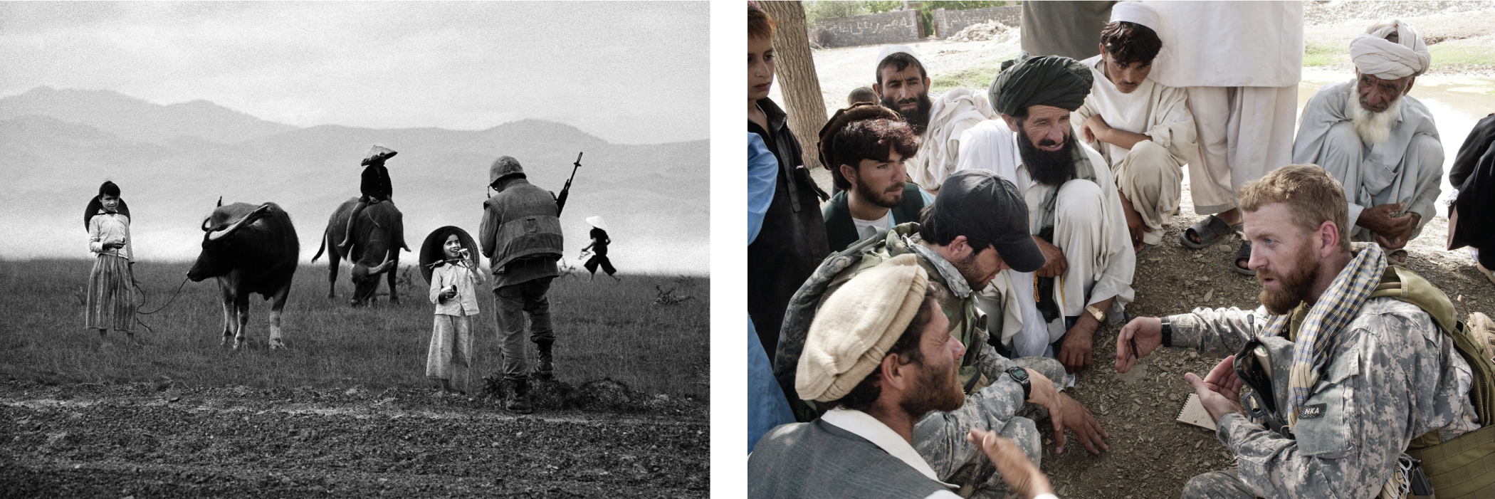 A black and white photo of a soldier with a machine gun talking to a young girl in a field.; Two soldiers dressed in camouflage squat down to converse with bearded men in robes and turbans.