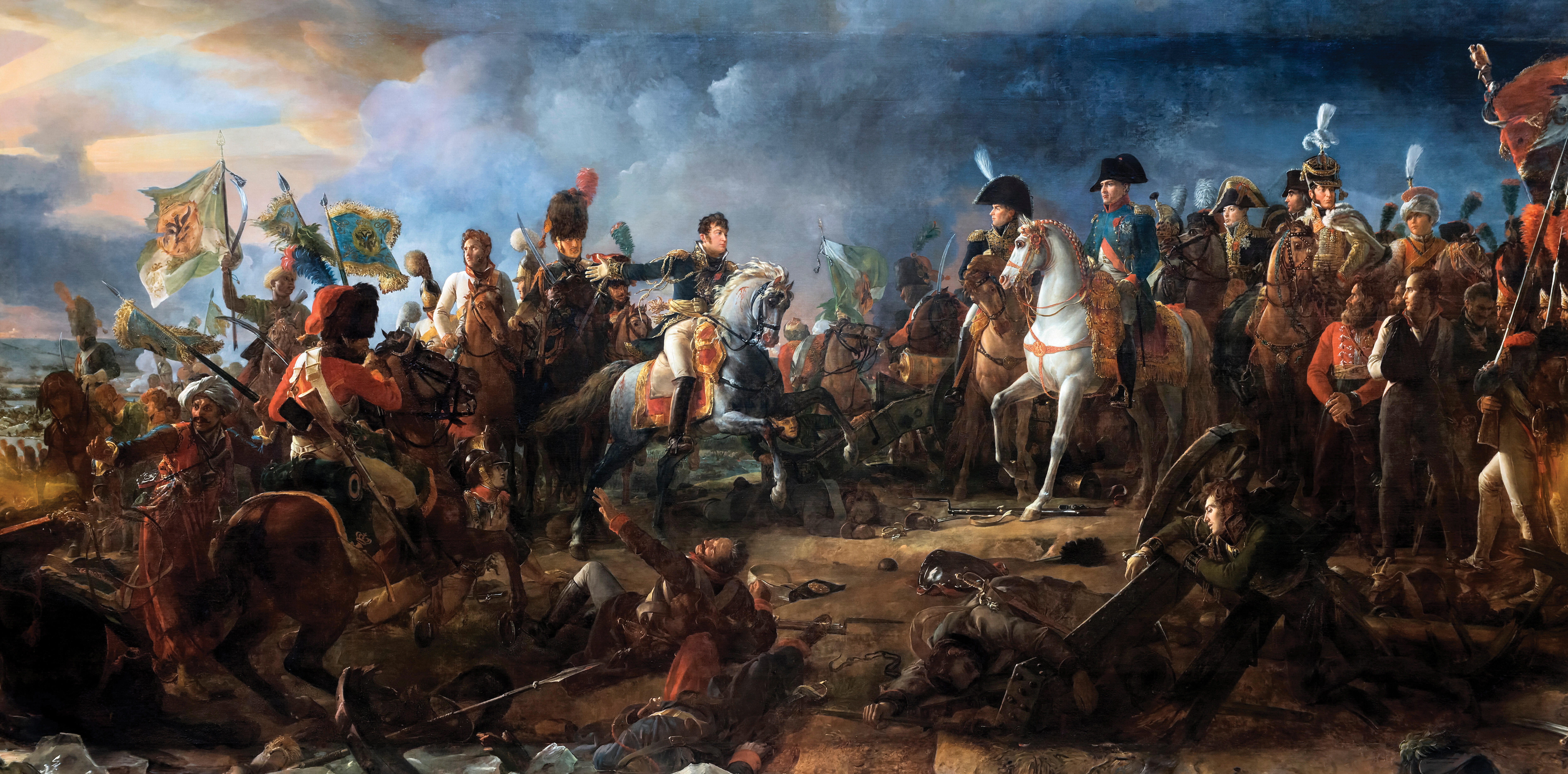An image of a painting of the Battle of Austerlitz, 1805. The painting shows a battle scene with Napoleon Bonaparte atop a horse. 
