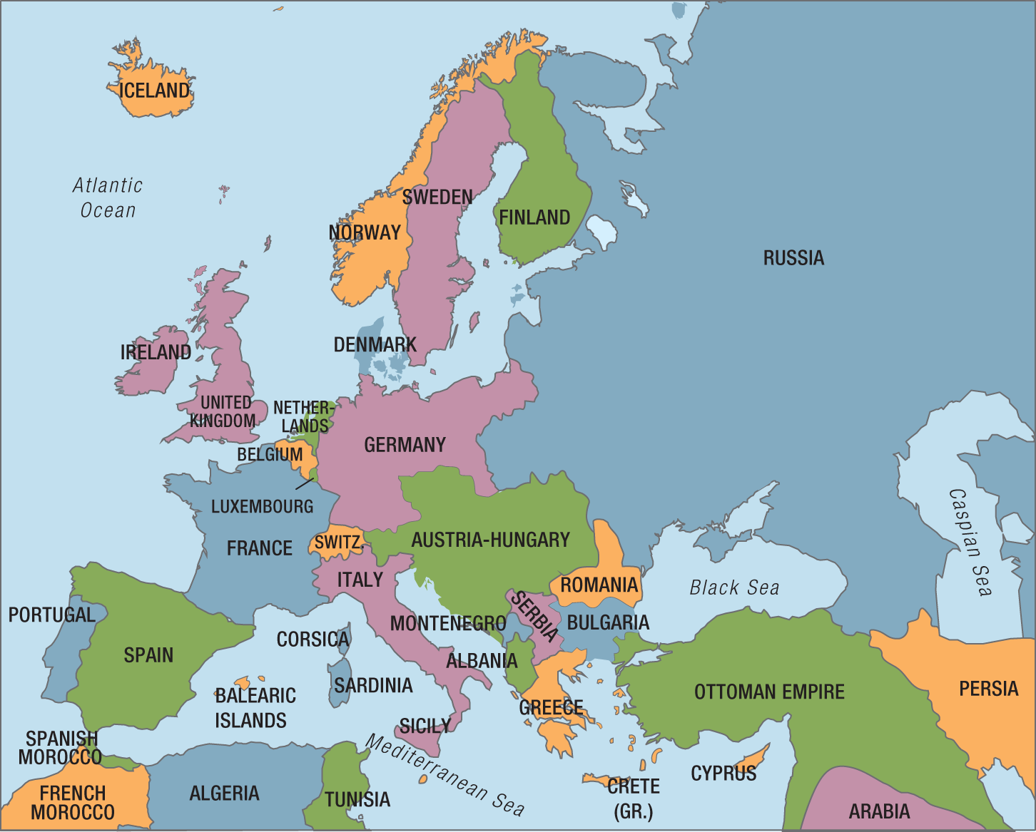 A map shows European countries involved in World War I. The caption reads, �Europe, c. 1914�