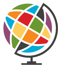 A colorful, segmented globe with a black stand in abstract shapes inside.