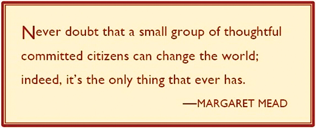 A panel quotes Margaret Mead.