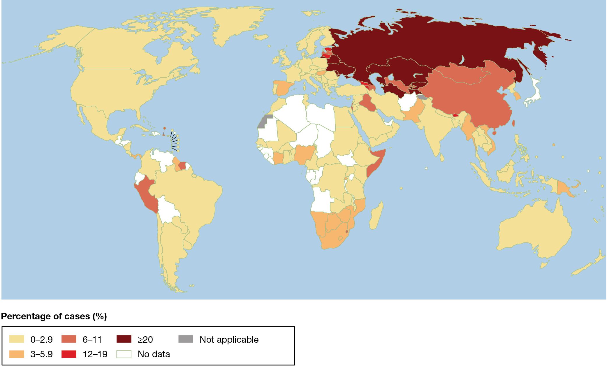 A world map illustrating the geographic distribution of drug-resistant tuberculosis in 2020.