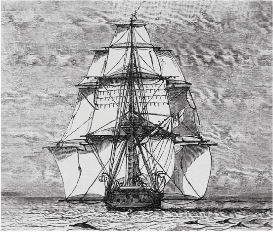 A drawing of a large sailing ship.