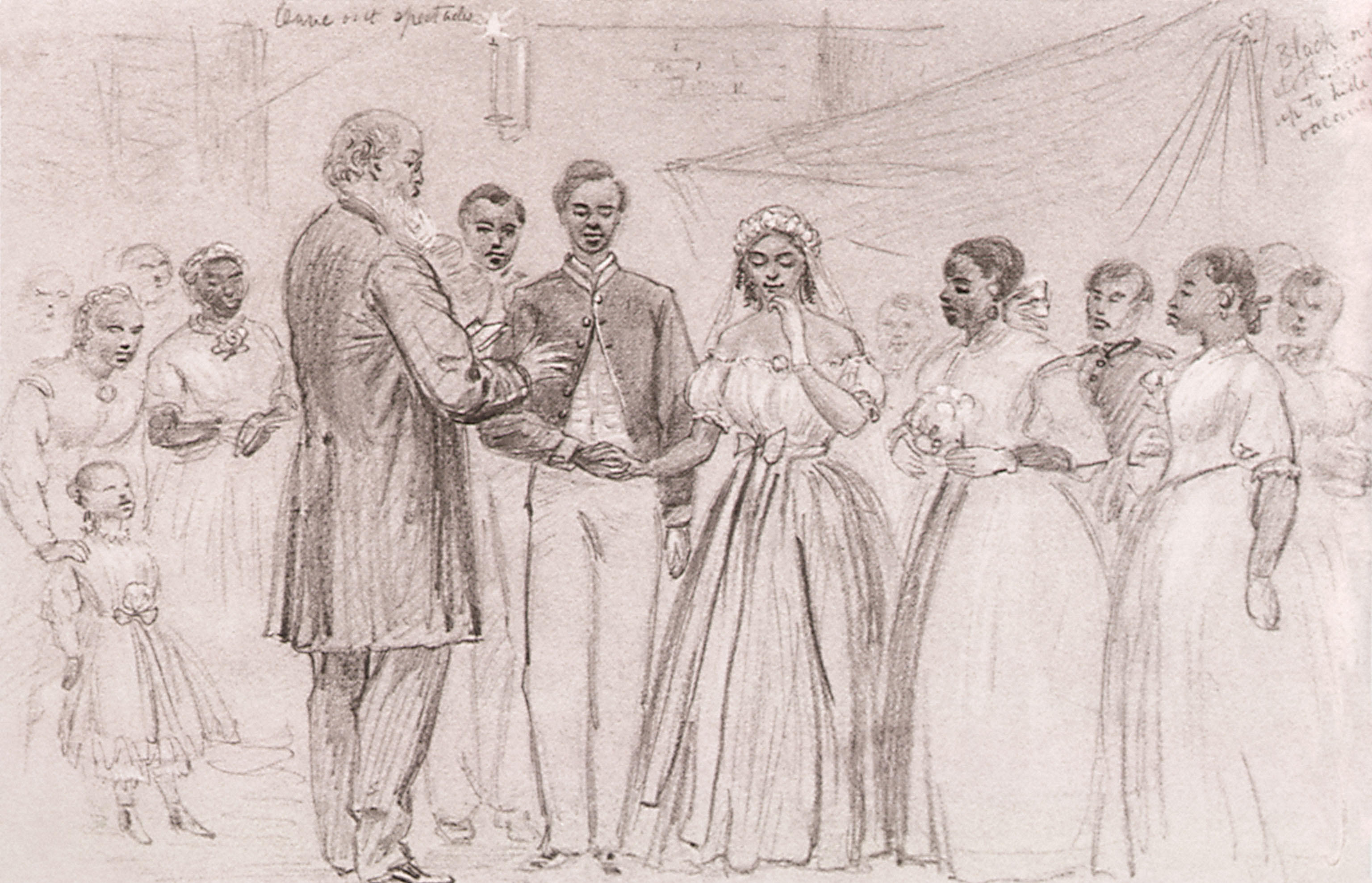 “Marriage of a Colored Soldier at Vicksburg,” a sketch of a wedding ceremony by Alfred R. Waud soon after the end of the Civil War.