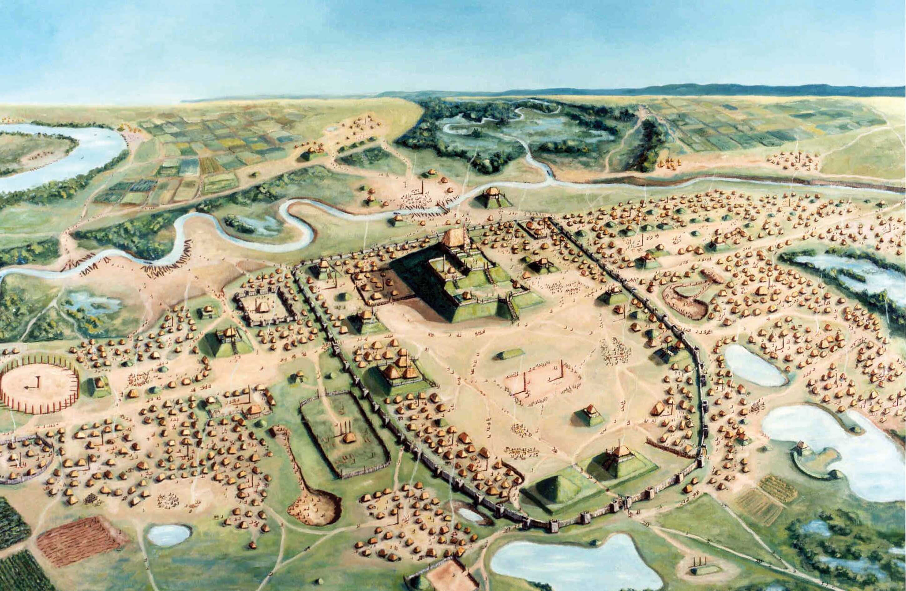 A modern visualization of Cahokia in the Mississippi River valley, the largest Native American urban center in what is now the United States.