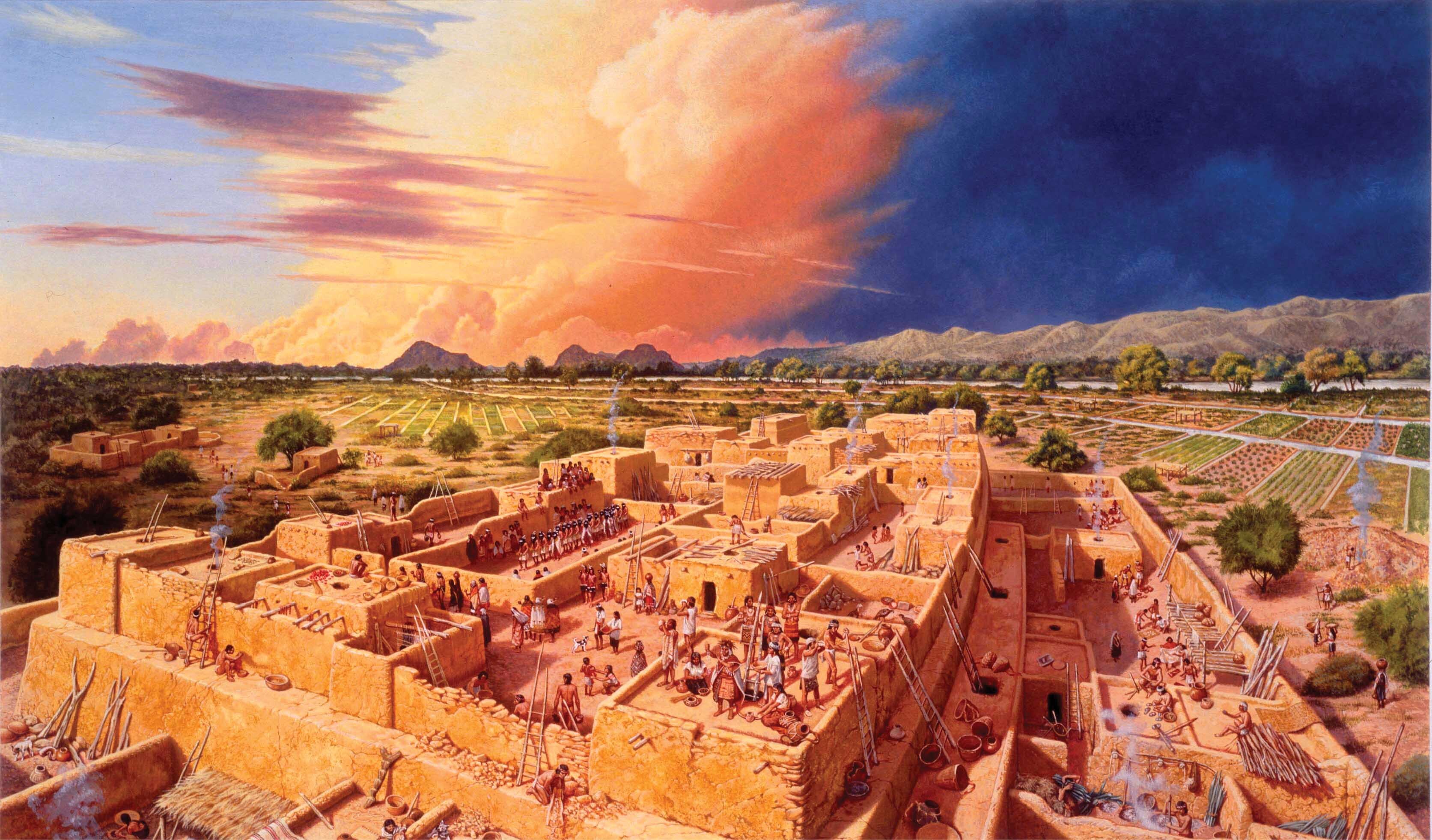 Reconstruction illustration of ancient city with buildings and people in desert landscape.