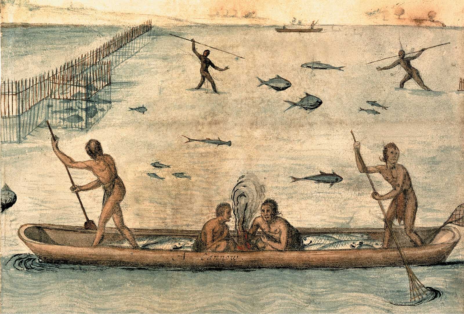Illustration of Indigenous people fishing with spears from a canoe in calm water.
