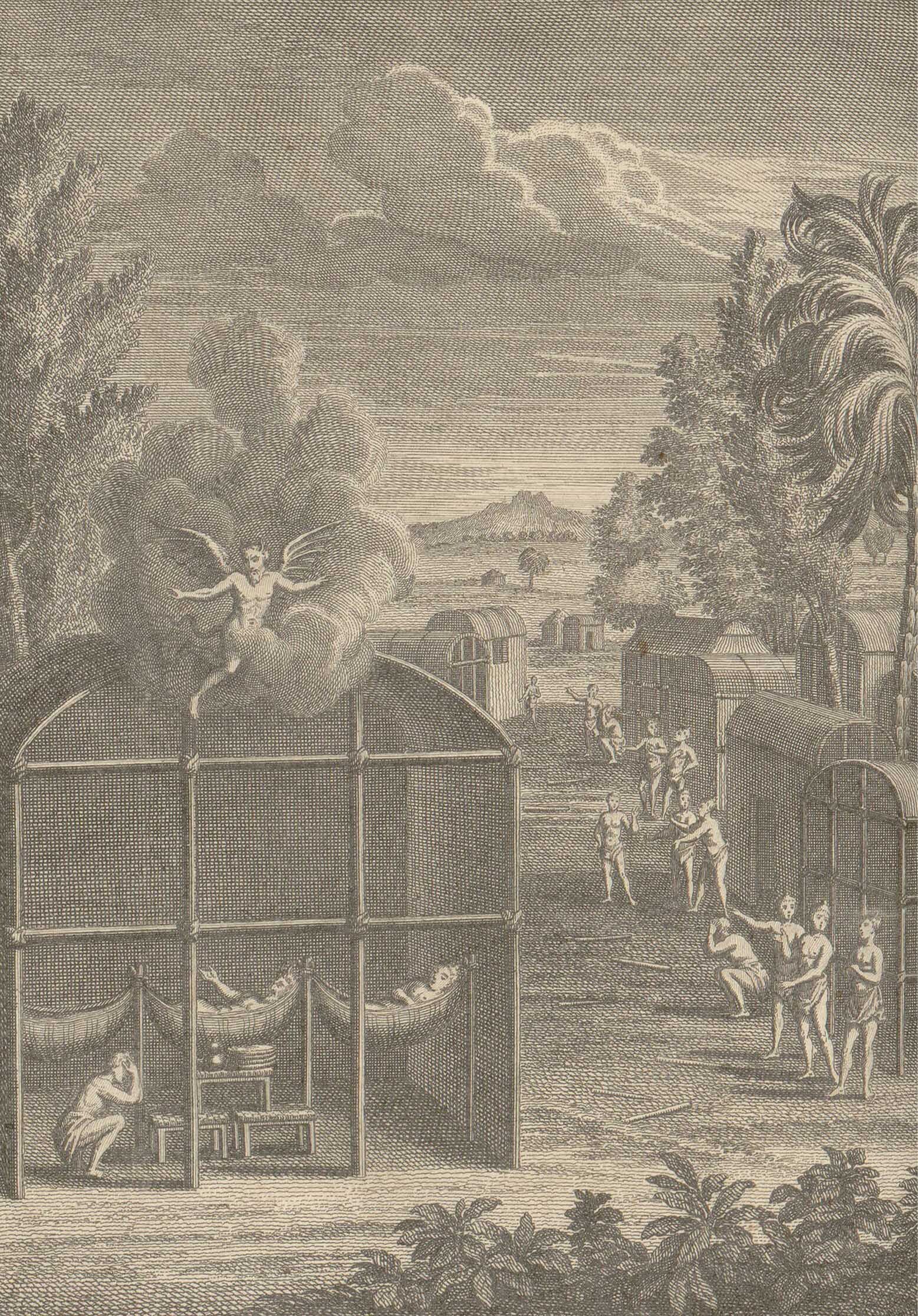 Engraving of many Europeans� view of Indian religion. A demon hovers over an Haudenosaunee longhouse, 