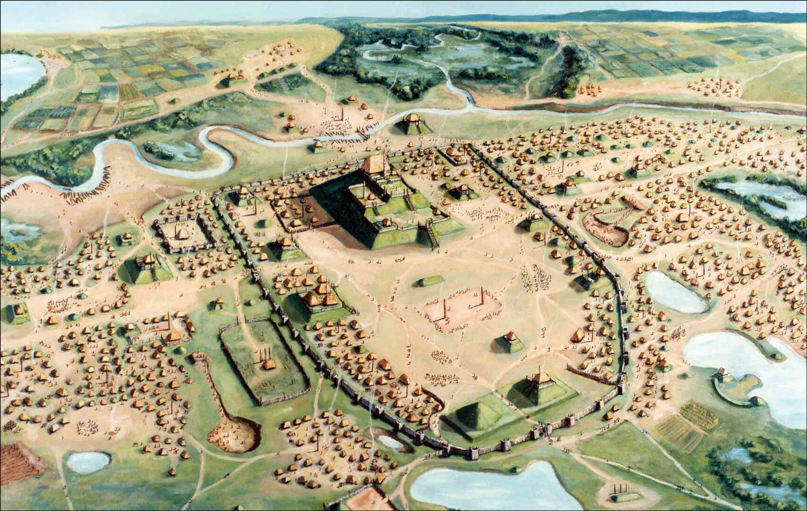 A modern visualization of Cahokia in the Mississippi River valley, the largest Native American urban center in what is now the United States.