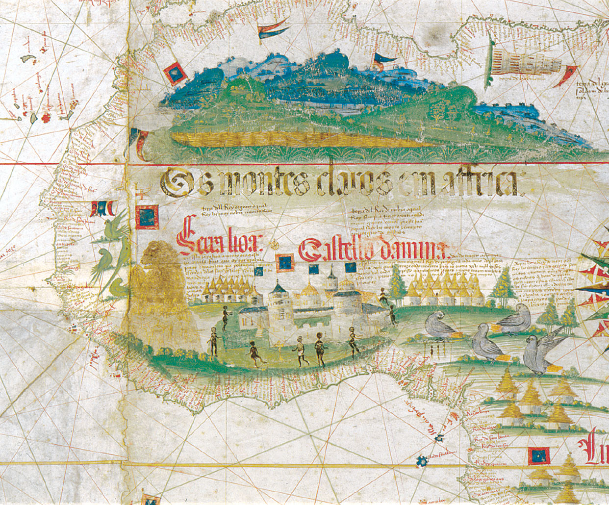 A map of the west coast of Africa with drawings of castles, birds, trees, and flags within the boarder.
