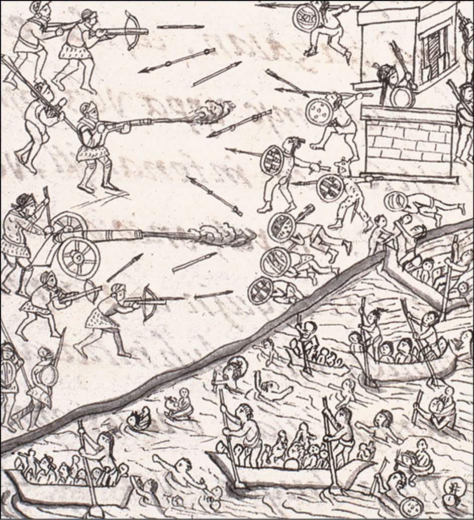 Engravings, from the Florentine Codex, depicting the forces of Cortés marching on Tenochtitlán and assaulting the city with cannon fire from ships.