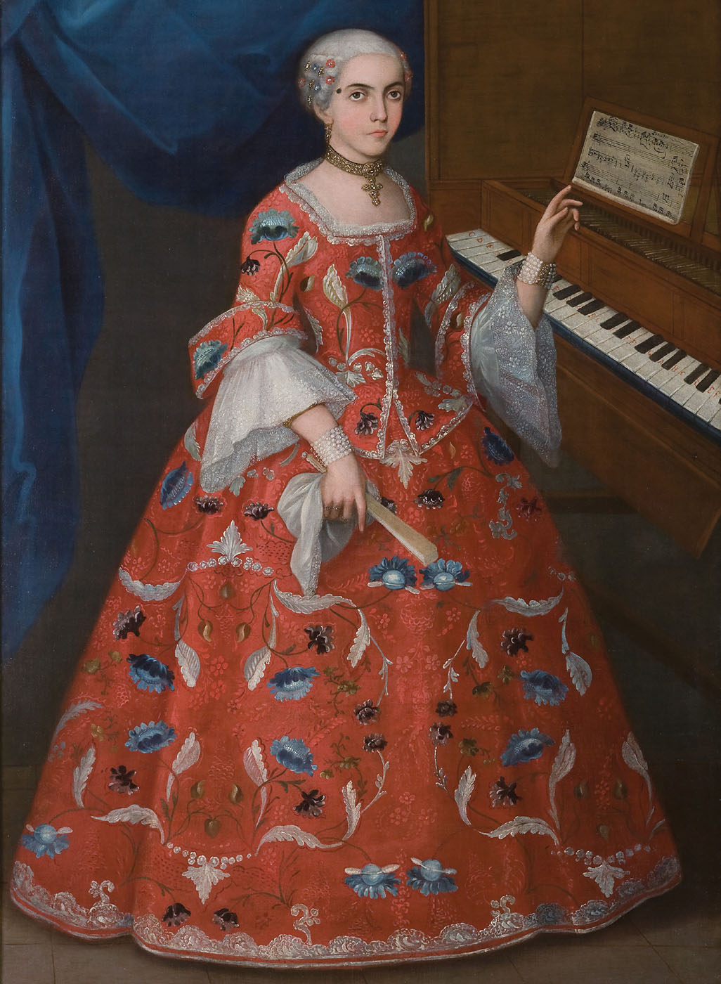 “Young Woman with a Harpsichord,” Mexico, 1735–1750. Oil on canvas.