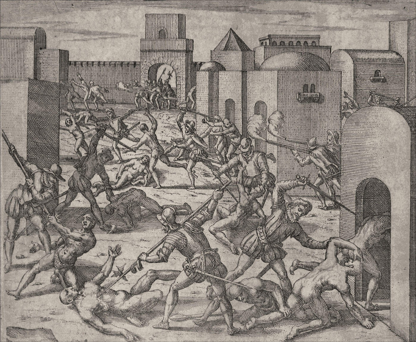 Spanish conquistadores murdering Indians at Cuzco, in modern-day Peru. The Dutch-born engraver Theodor De Bry and his sons illustrated ten volumes about New World exploration published between 1590 and 1618.