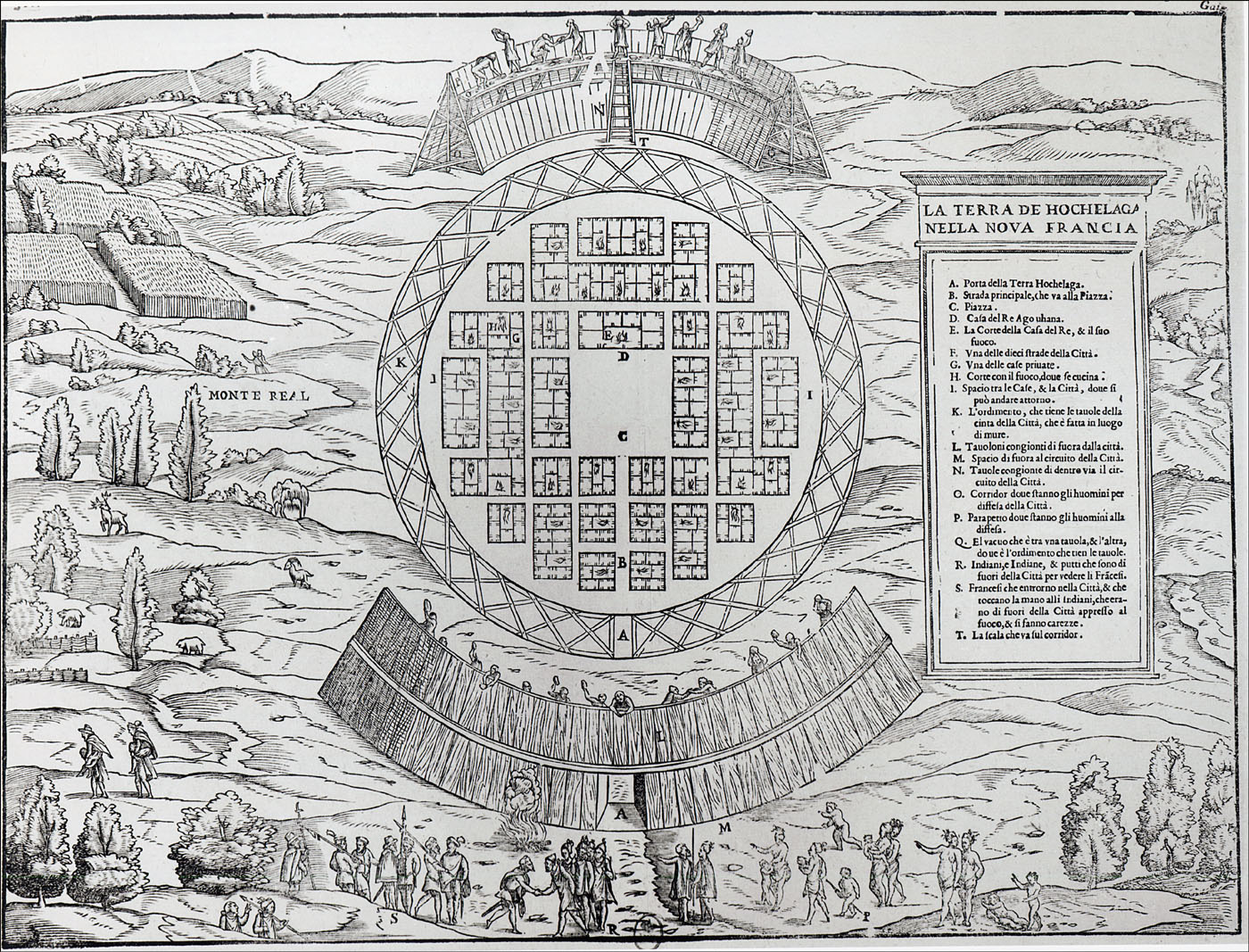 An engraving of the Huron town Hochelaga, site of modern-day Montreal.
