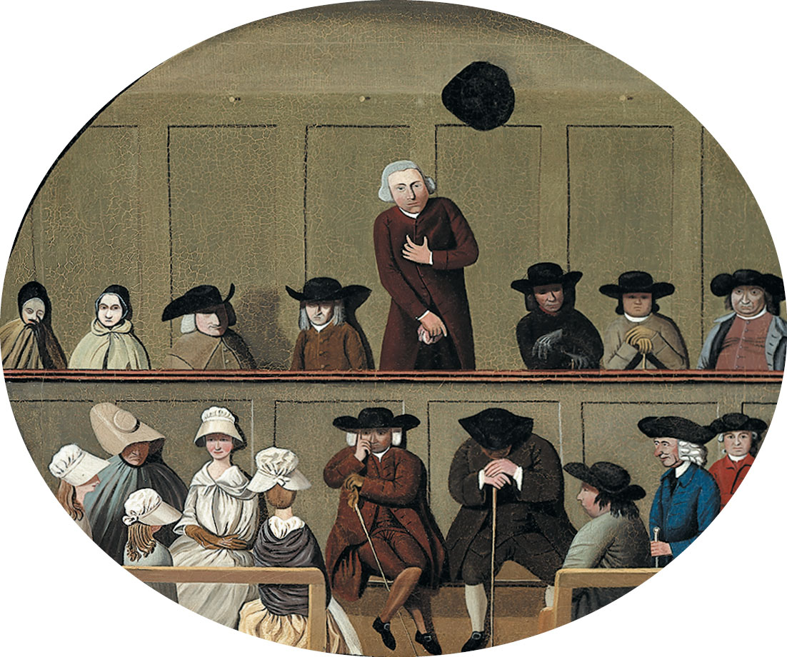 A painting of Quaker men and women at a meeting. The Quakers are seated in two rows, one above the other. A man on the top row stands, grasping at his chest.