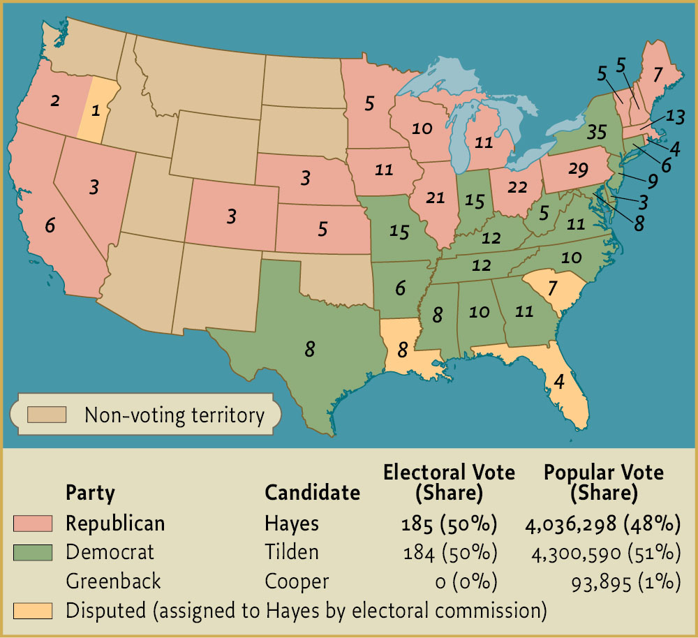 A map of the United States shows the results of the presidential election of 1876.