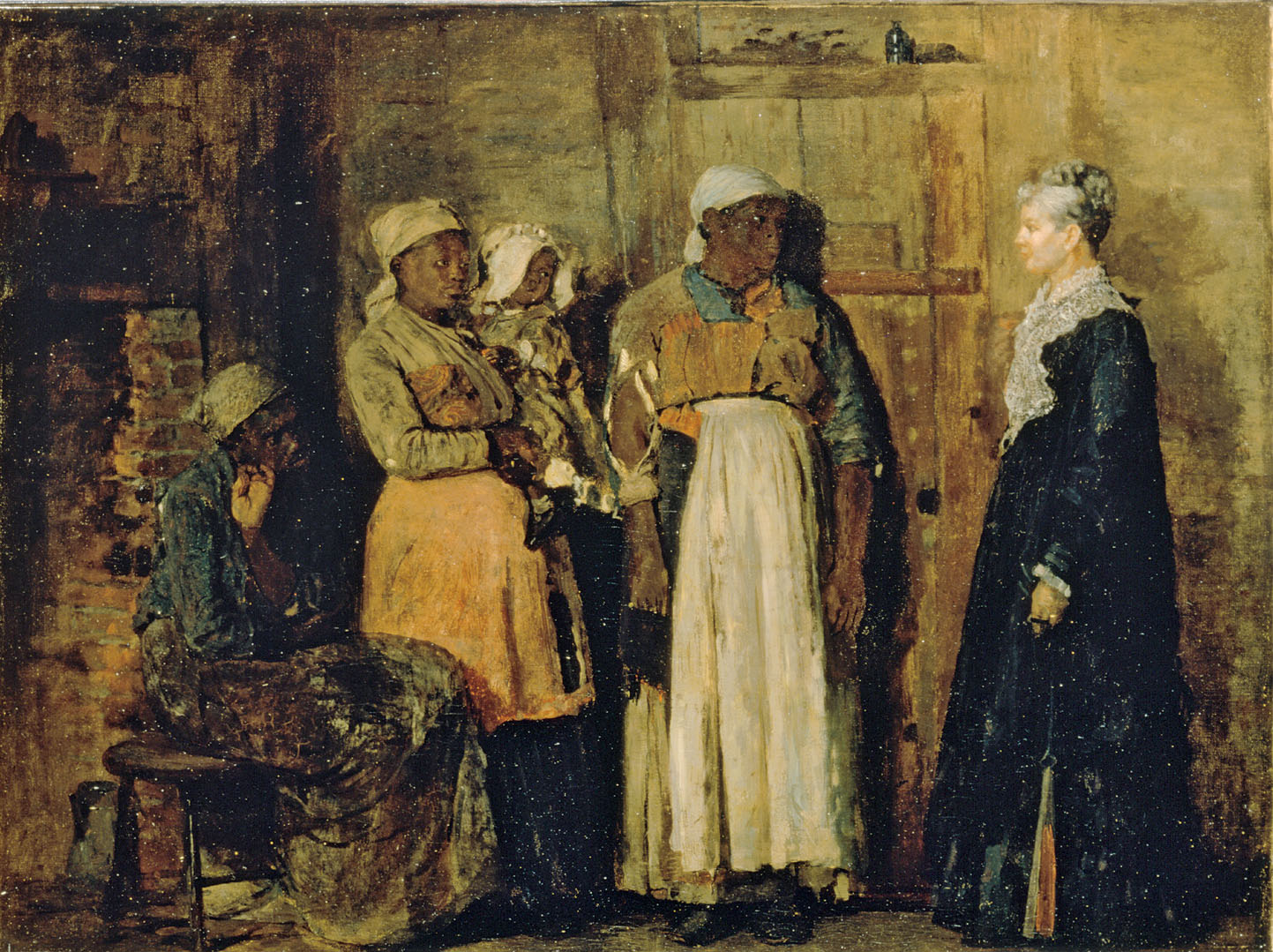 Winslow Homer’s 1876 painting, A Visit from the Old Mistress, depicts an imaginary meeting between a Southern white woman and her former slaves.