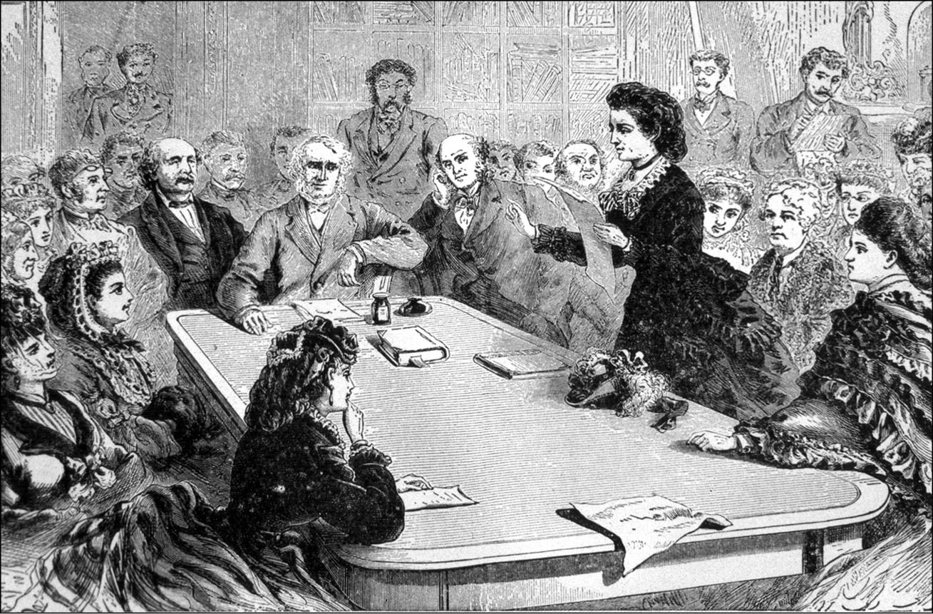 “A Lady Delegate” (Women Suffrage House Judiciary Committee engraving from Frank Leslie’s Illustrated Newspaper, Feb 4, 1871)