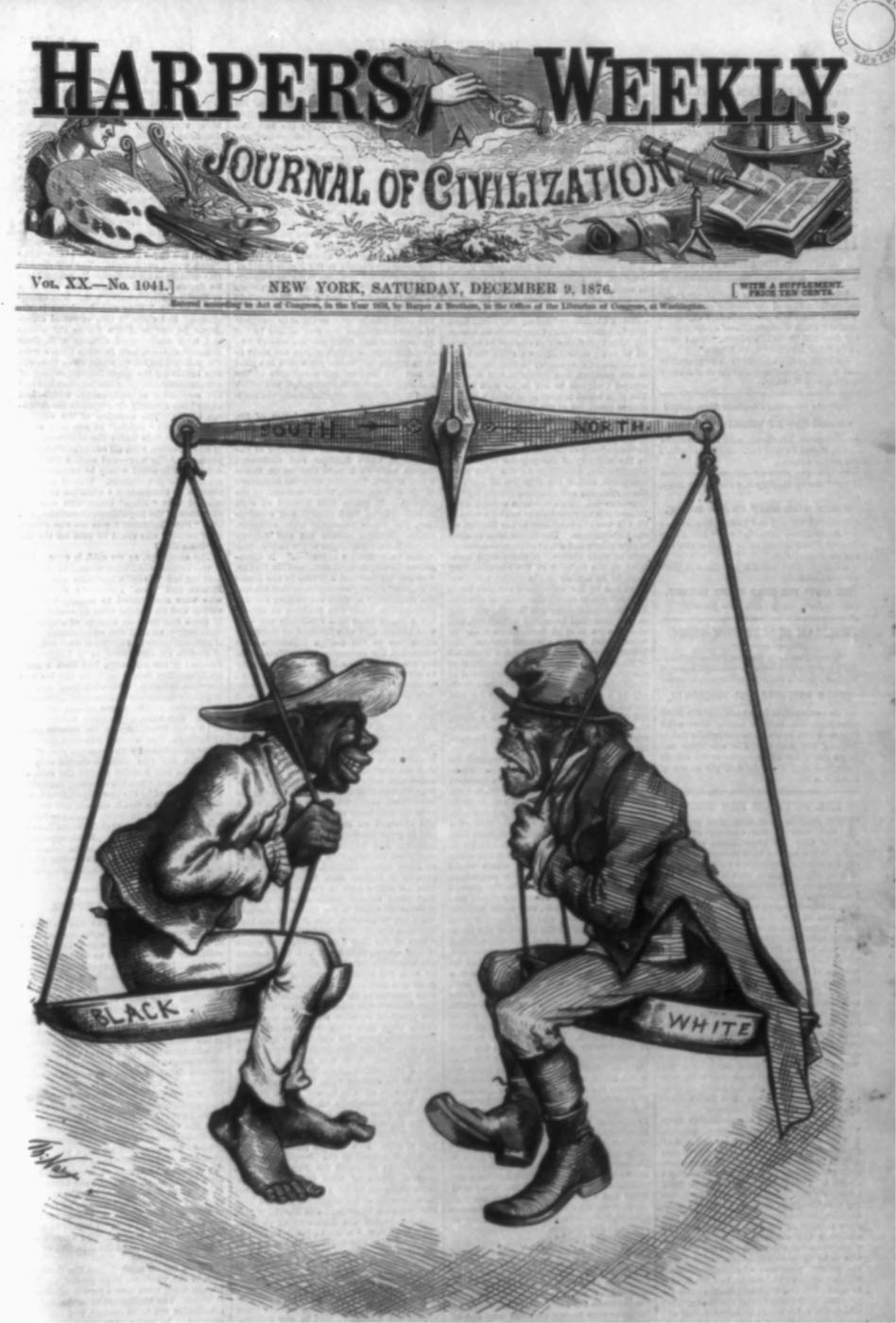 “The Ignorant Vote,” a famous cartoon by�Thomas Nast in Harper’s Weekly, December 9, 1876, equates blacks and Irish immigrants as unworthy of participation in democracy by showing one on either side of a balanced scale.
