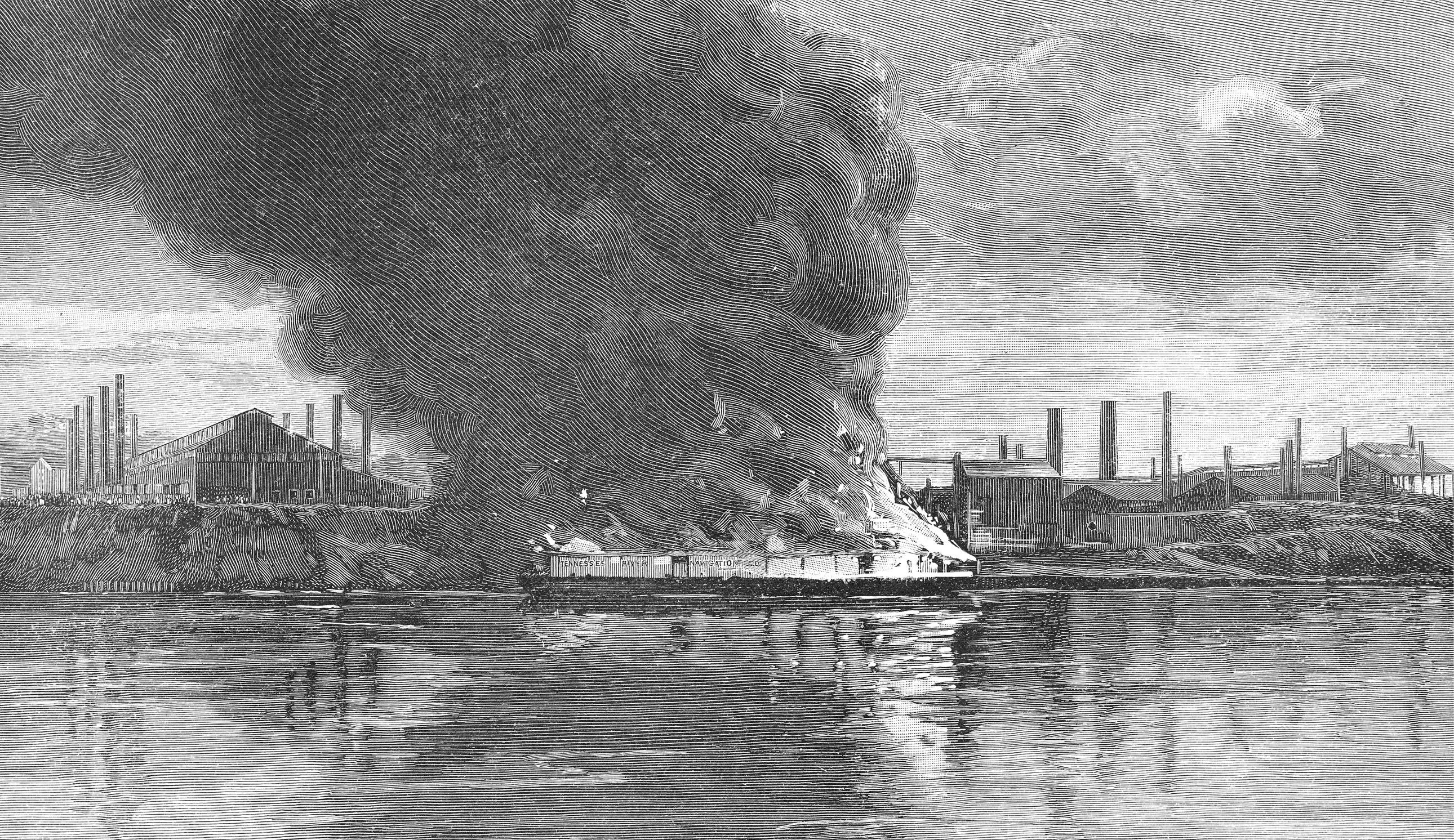 An engraving of the most violent encounter of the Homestead strike of 1892. A barge just off the coast is engulfed in flames.