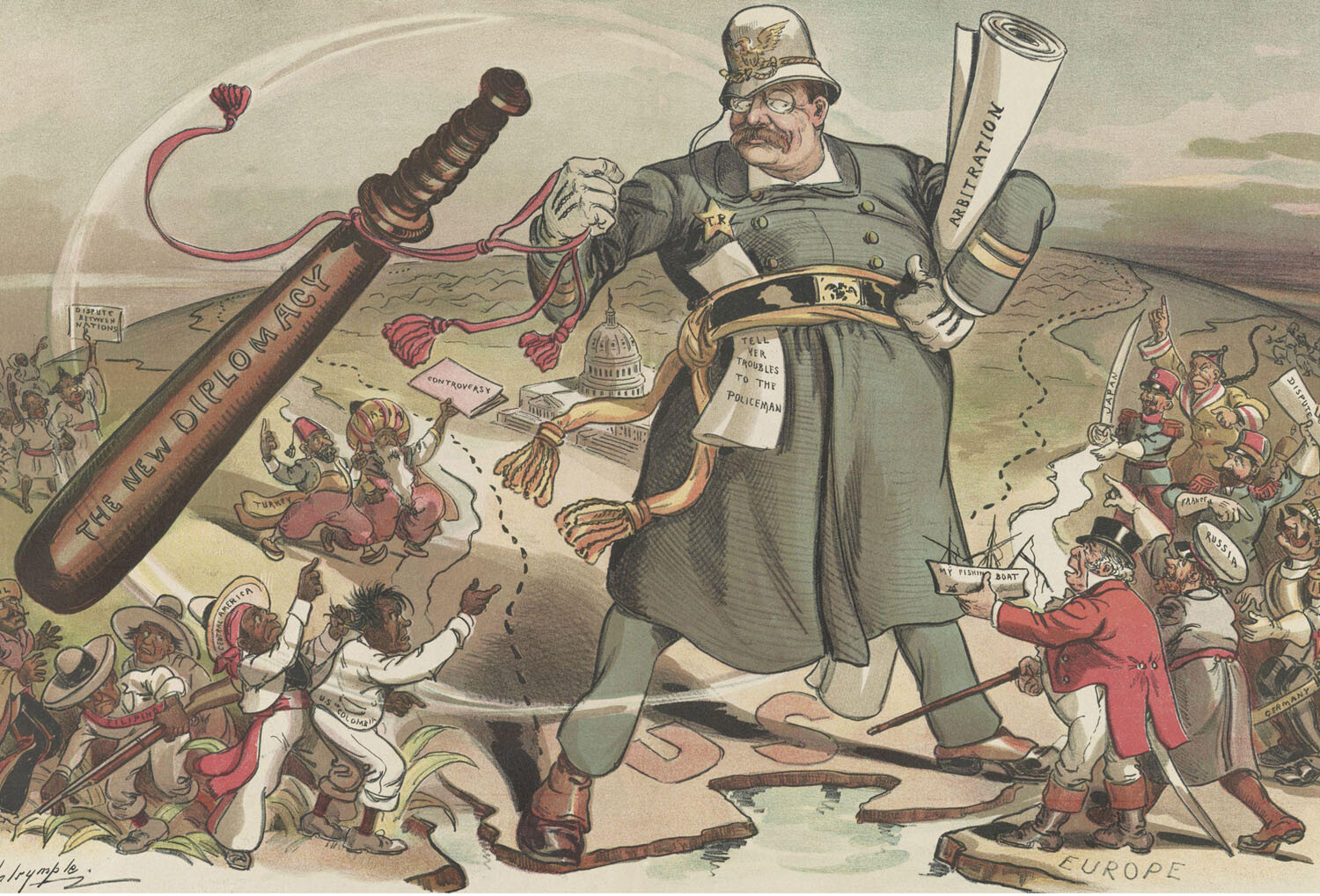 Political cartoon of a large figure using diplomacy to control global disputes.