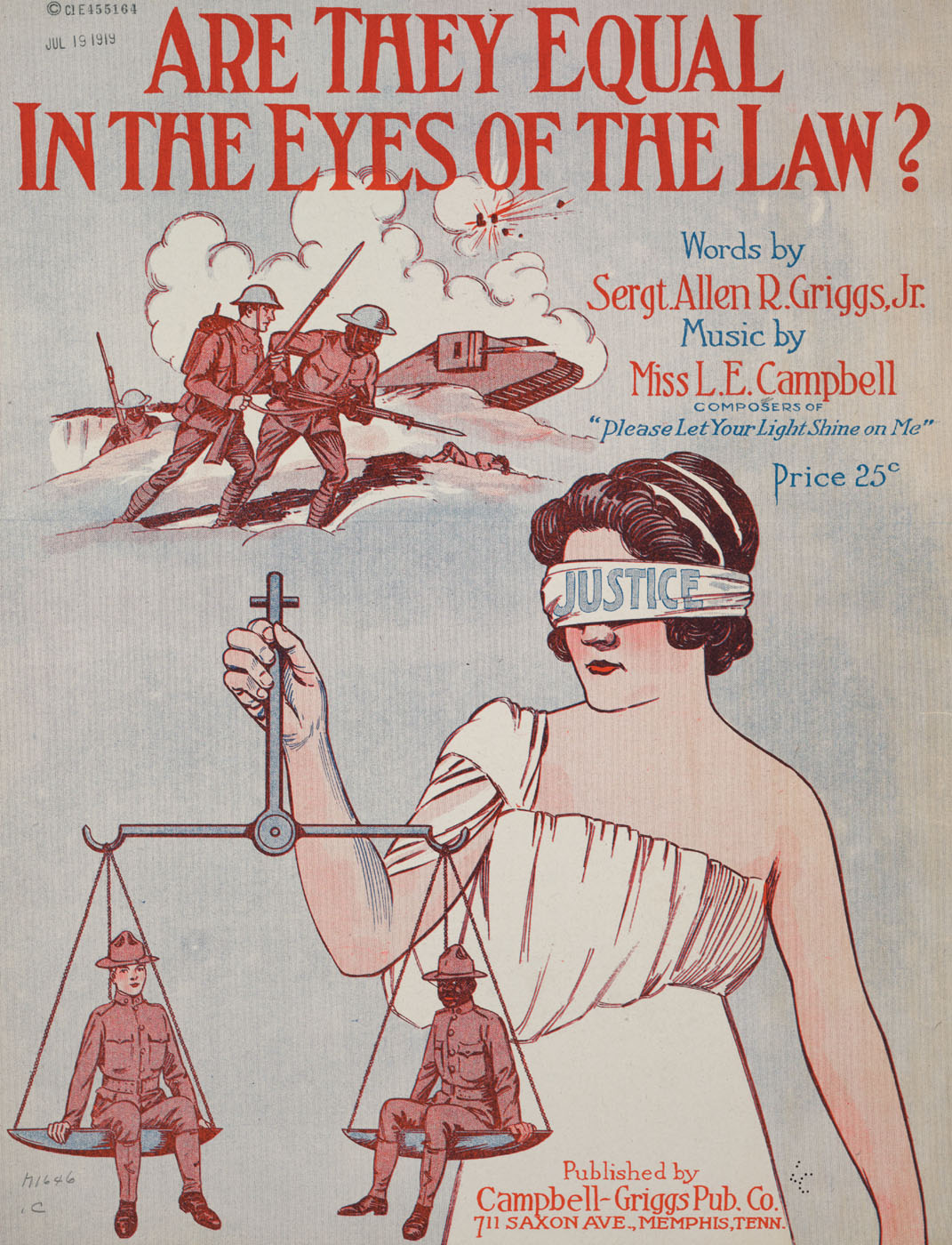 A cover illustration of a piece of sheet music from 1919. It suggests that because they fought side by side with white soldiers in World War�I (although the army was racially segregated), black soldiers deserved legal equality on their return to the United States.
