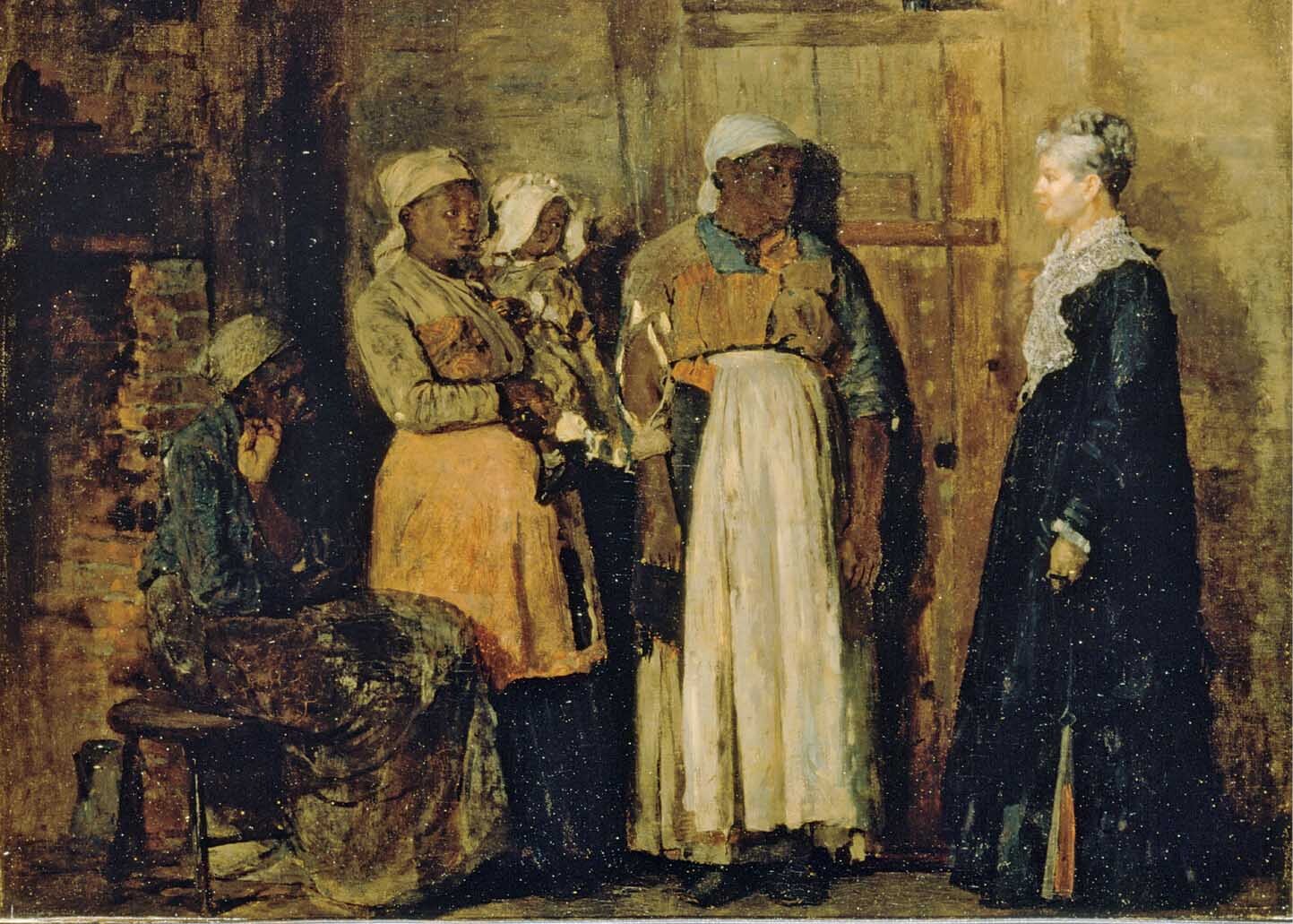 Winslow Homer’s 1876 painting, A Visit from the Old Mistress, depicts an imaginary meeting between a Southern white woman and her former slaves.