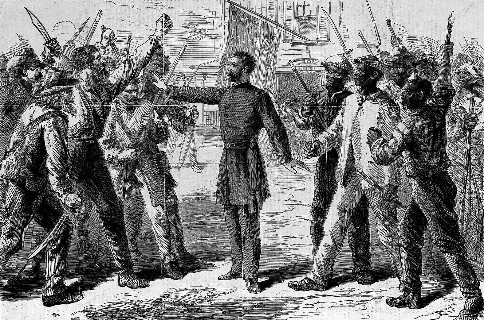 Engraving of Bureau agent as a promoter of racial peace in the violent postwar South.