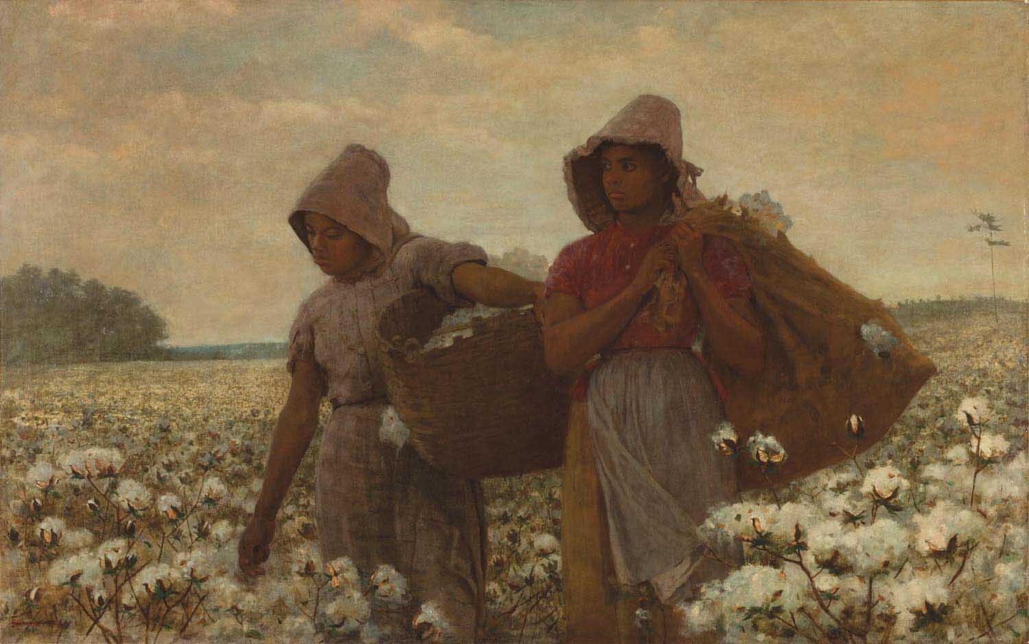 Painting of two children picking cotton in a field, wearing worn clothing and carrying a heavy sack.