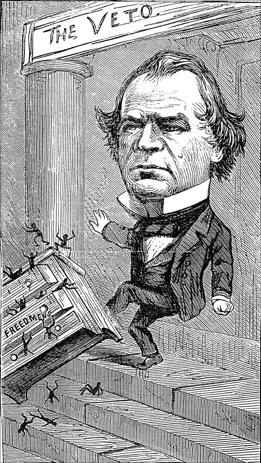 A cartoon of Andrew Johnson kicking a chest of drawers labeled Freed Men. Small people fall out of the drawers. Text above Johnson’s head reads, The Veto.
