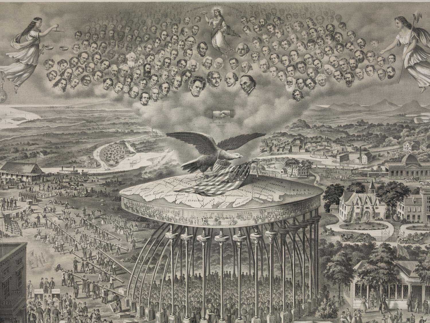 A drawing titled, “Reconstruction,” an elaborate allegory of national reconciliation, equality, and progress, designed by Horatio Bateman and printed in 1867. The overall message is that Reconstruction, grounded in liberty and equality, will restore good will between the sections and races.