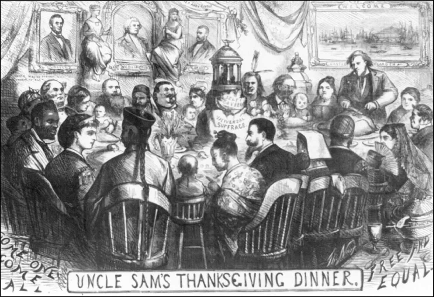 Illustration of large crowd of men gathered, possibly at political or public meeting.