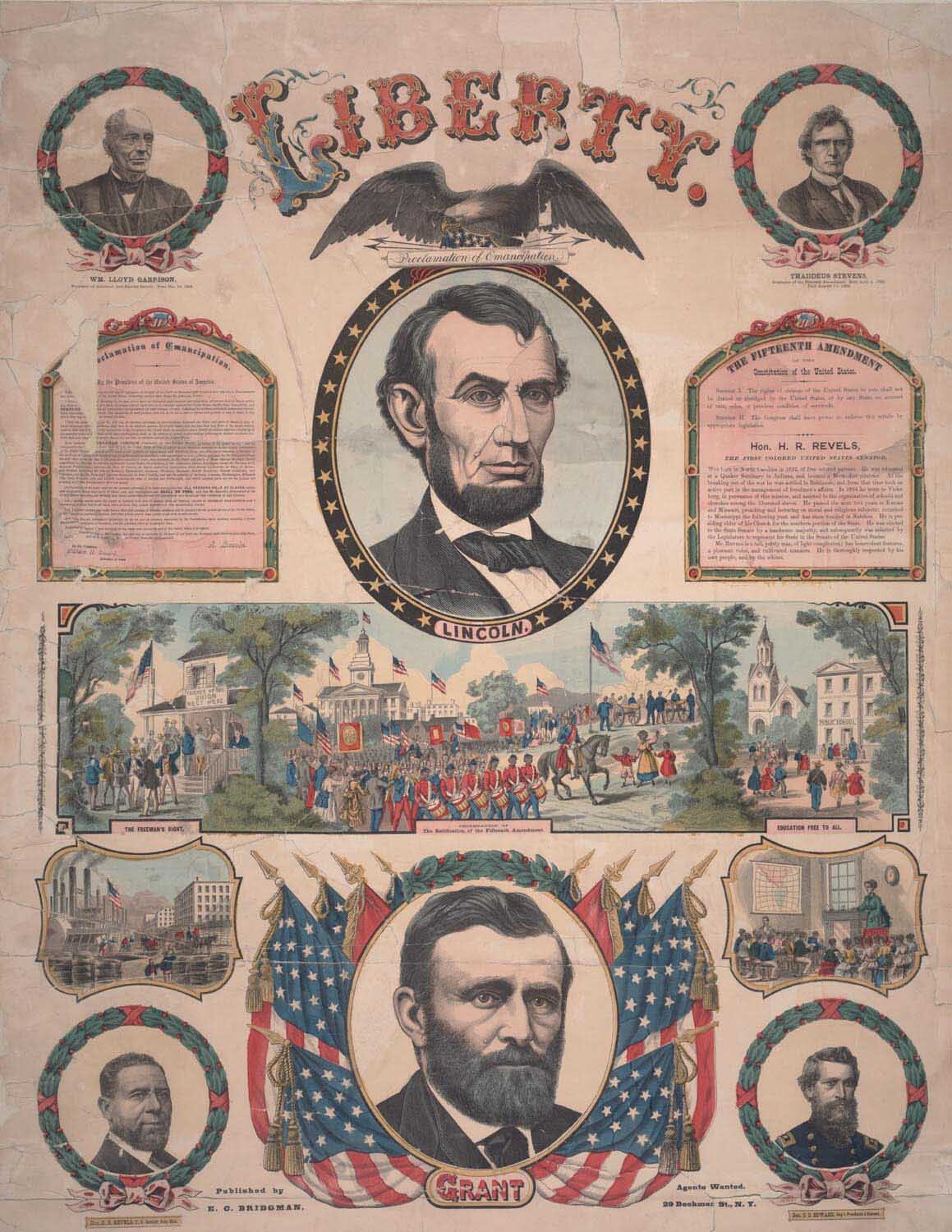 Decorative poster with Abraham Lincoln and Ulysses S. Grant, featuring patriotic symbols.