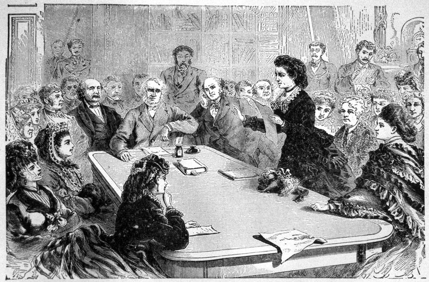 Illustration of legislative meeting with men seated around table in formal discussion.