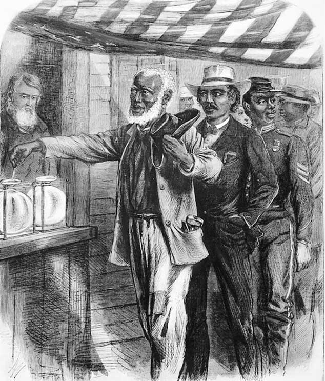 The First Vote, an engraving from Harper’s Weekly, November 16, 1867, depicts the first biracial elections in southern history.